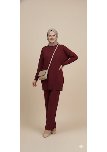 Triko Tunik Pantolon Tesettür Takım Bordo