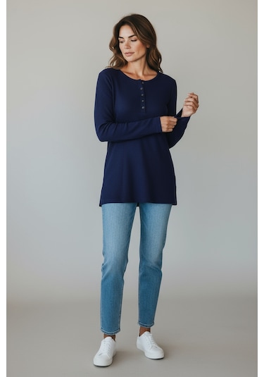 Kadın Yaka Düme Detaylı Mevsimlik Bluz Lacivert