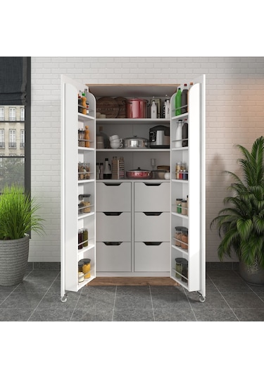 90 Derece Açılabilir 2 Kapaklı, 6 Çekmeceli, Kavanoz Raflı Kiler Ve Erzak Mutfak Dolabı Atlantik Çam Beyaz 90 Derece Açılabilir 2 Kapaklı, 6 Çekmeceli, Kavanoz Raflı Kiler Ve Erzak Mutfak Dolabı Atlantik Çam Beyaz