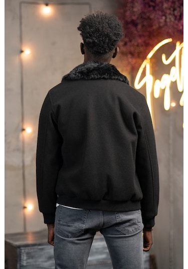 Slimfit Kürklü Sabit Yaka Beli Lastikli Astarlı Kaşe Mont Siyah