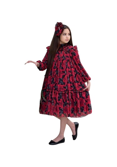 Riccotarz Kız Çocuk Yakası Ve Omuzları Fırfır Detaylı Çiçek İşlemeli Pliseli Kırmızı Elbise Kırmızı