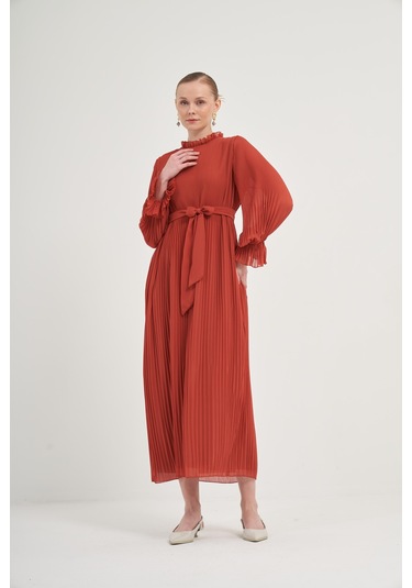 FTZ Women Ftz Plise Şifon Elbise Kiremit 31019 Kiremit