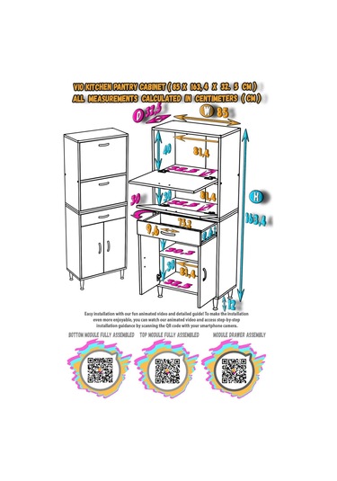 Modilayn Vio 85x163,4x32,5 Cm Yeni Çekmeceli, Kapaklı, Ekmeklikli, Çok Amaçlı Mutfak Dolabı. Beyaz