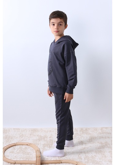 Erkek Çocuk Kapşonlu Eşofman Takımı Kurt Baskılı F10 Füme