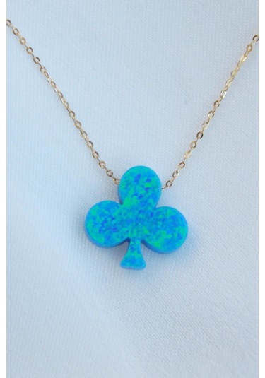 Opal Taşlı Gold Kolye Mavi