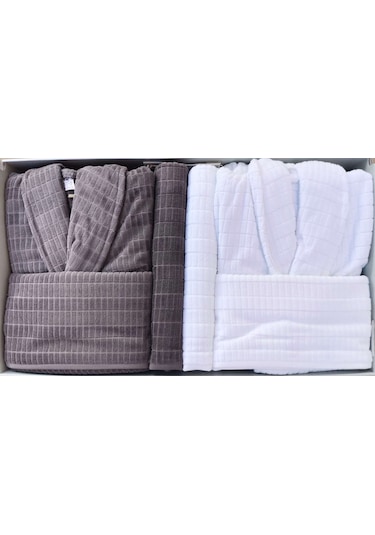 Land Beyaz-k.grı Aile Seti Bornoz Takımı Beyaz