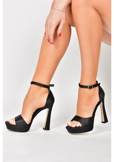 Fox Shoes Siyah Saten Kumaş Platform Kalın Topuklu Kadın Ayakkabı