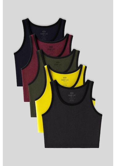 Basic U Yaka 5li Paket Kadın Crop Top Atlet - 97162 Haki