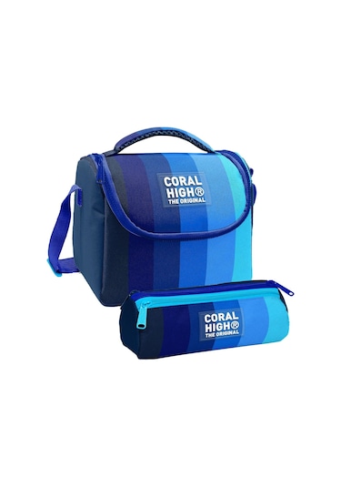 Coral High Erkek Çocuk Lacivert Mavi Renk Geçişli Çizgili Thermo Beslenme Çantası Ve Üç Bölmeli Kalem Çantası Seti Lacivert - Mavi
