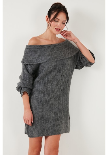 Lela Oversize Fit Kayık Yaka Uzun Kollu Mini Triko Bayan Elbise 4615218 Antrasit