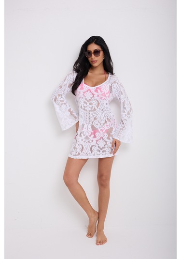 Kolları Volanlı Elbise Beyaz