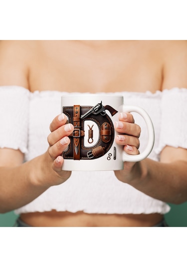 D Harfi Kovboy Temalı Bardak 330 Ml İsim / Harf Kişiye Özel Hediye - Vahşi Batı Konsept Beyaz