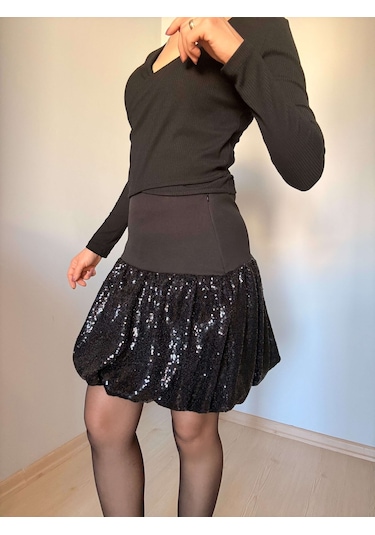Ali Butik Siyah Pullu Balon Etek Siyah