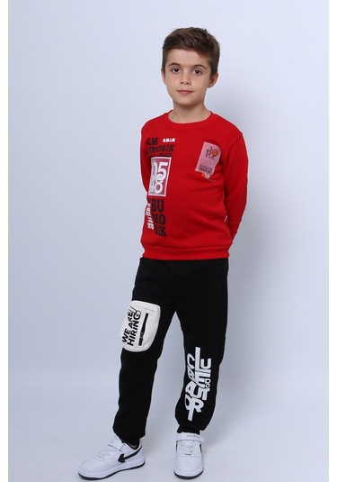 Erkek Çocuk 3 İplik Eşofman Takımı Baskılı Cep Detaylı D33 Kırmızı