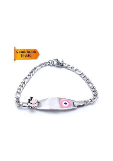 Bebek Bileklik Çelik Pembe Nazar Boncuklu Mickey Mouselu Blk-960 Gümüş
