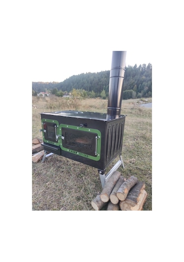 Yeşil Çadır Sobası Kuzineli Fırınlı Taşınabilir Kamp Sobası Yeşil