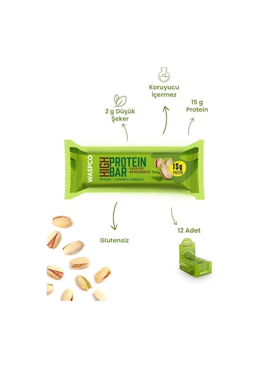 Waspco Yüksek Protein Bar - Antep Fıstıklı 50g X 12 Adet