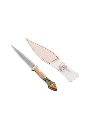 Çift Ağızlı Çerkez Bıçağı - Deri Kılıflı - Epoksi Sap - Büyük - Haki Çok Renkli