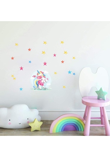 Renk Dans Eden Tek Boynuzlu At Duvar Sticker Sanatı Kendin Yap Yıldız Sticker Kreş Bebek Odası Dekorasyon Karikatür Ev Duvar Kağıdı 38 31cm Şeffaf