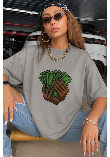 Unisex Siyah Oversize Baskılı Tshirt Gri