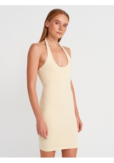 Dilvin 91508 Halter Yaka Mini Elbise-açık Sarı Açık Sarı