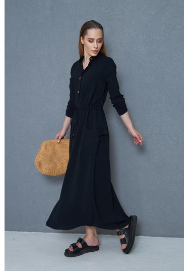 Kadın Yeni Sezon Krep Cepli Uzun Katlanabilir Kollu Büzgülü Elbise Yazlık Günlük Giyçık Siyah