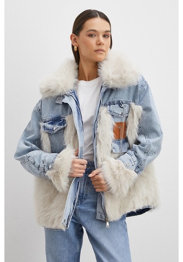 Kot Garnili Kürklü Mont Mavi Mavi