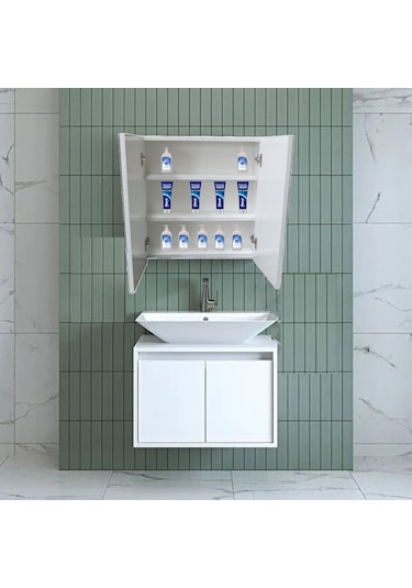 Lavabo Üstü Aynalı 2 Kapaklı Banyo Dolabı Beyaz