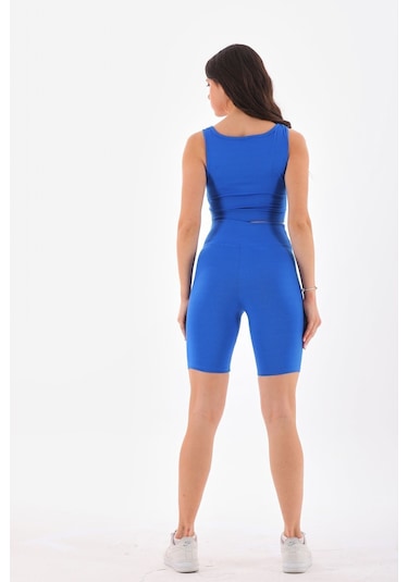 Kallima Mavi Toparlayıcı Esnek Fitilli Spor Crop-biker Tayt Takım