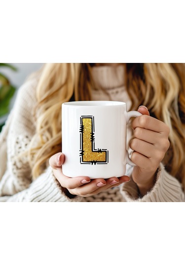 L Harfi Gold Simli Kupa Işıltılı Alfabe Harf Tasarımlı Kahve Kupası - Kişiye Özel Hediye Beyaz