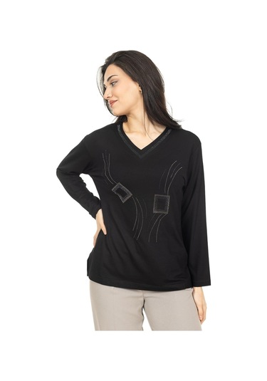 Kadın Orta Yaş Ve Üzeri Yeni Model V Yaka Taş İşlemeli Anne Penye Bluz 30560-siyah Siyah