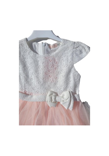 Kız Çocuk Güpürlü Tüllü Fiyonklu Tütü Elbise-12658-pudra Pudra