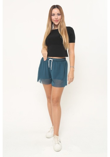 Kadın Petrol Yeşili Kumaş Bol Kesim Spor Şort Petrol Yeşili