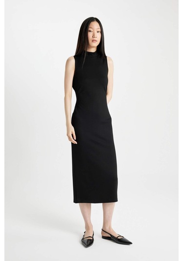 DeFacto Bodycon Vücudu Saran Basic Düz Yarım Balıkçı Yaka Siyah Kolsuz Midi Elbise	 Y8841AZ24SMBK81