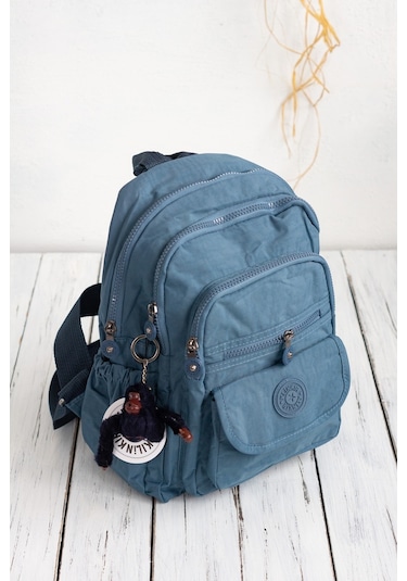 Krinkıl / Klinkır Su Geçirmez Ithal Kumaş Çok Gözlü Günlük Küçük Kadın Sırt Çantası Indigo Mavi 8317 Mavi
