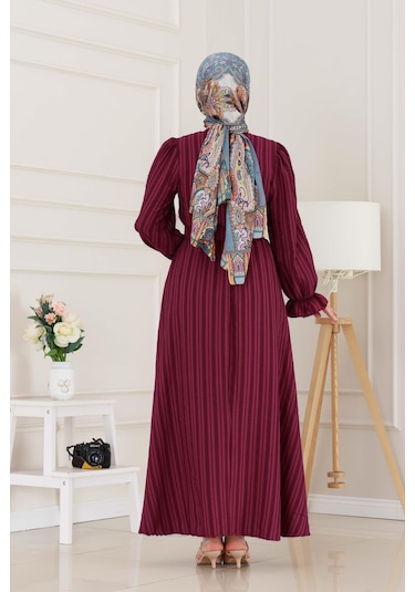 Kolu Volanlı Kemerli Henna Elbise-bordo-5053 Bordo