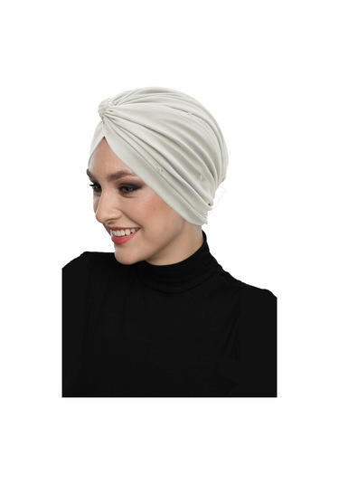 Dizayn Tüllü Kristal Taş İşlemeli Çift Taraflı Astarlı Ekru Hazır Türban Tesettür Abiye Bone Ekru