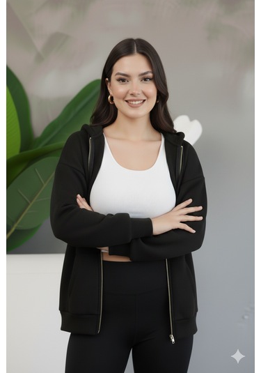 Kadın Genç Unisex Cepli Kapüşonlu Fermuarlı Sweatshirt Hırka Siyah