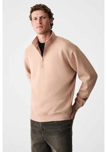 Grimelange Baxter Erkek Dik Yakalı Fermuarlı Relaxed Vizon Sweatshirt Vizon