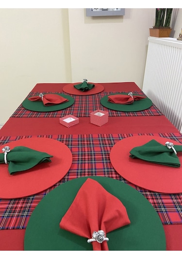 Kırmızı Masa Örtüsü Yılbaşı Ekose Runner Supla Peçete 12 Kişilik Set
