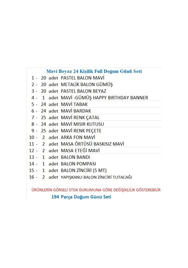Mavi Beyaz 24 Kişilik Full Doğum Günü Seti