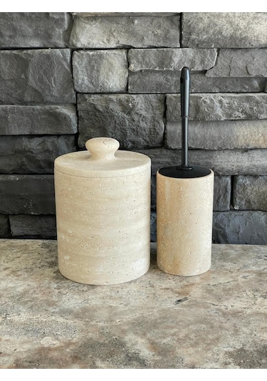 Traverten Doğal Taş Çöp Kovası Ve Wc Fırçalığı 2'li Mat Siyah Fırça Beyaz