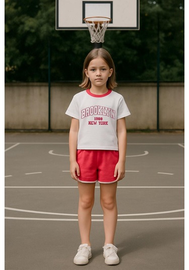 Kız Çocuk %100 Pamuklu Brooklyn Baskılı Şortlu Takım - Pembe 3-4 Yaş 8-9 Yaş Pembe