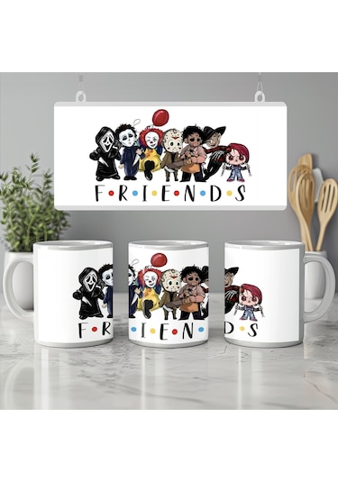 Korku Karakterleri Friends Tasarımlı Kupa Bardak - Eğlenceli Korku Film Karakterleri Koleksiyon Beyaz