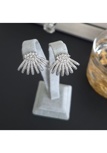 Vip Özel Seri Gümüş Renk Taşlı Abiye Kadın Küpe Gümüş