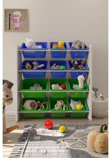 12 Sepetli Çok Amaçlı Oyuncak Dolabı Montessori Dolap Mavi-yeşil Mavi - Yeşil