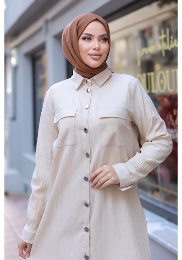 Cep Detaylı Tesettür Bej Takım Bej