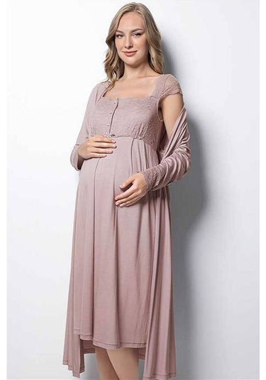 Monamise 18438 Hamile Lohusa Sabahlıklı Gecelik Takım - Vizon