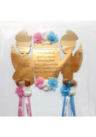 İkiz Bebek Pleksi Melekli Bebek Kapı Süsü Çok Renkli
