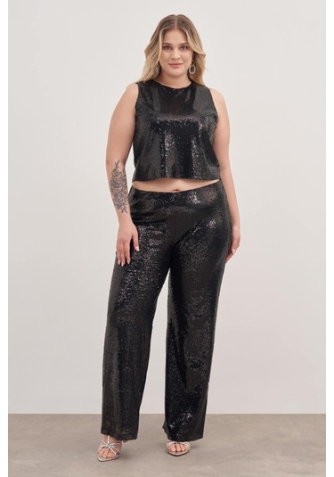 Beli Lastikli Astarlı Payetli Pantolon-3347 Siyah